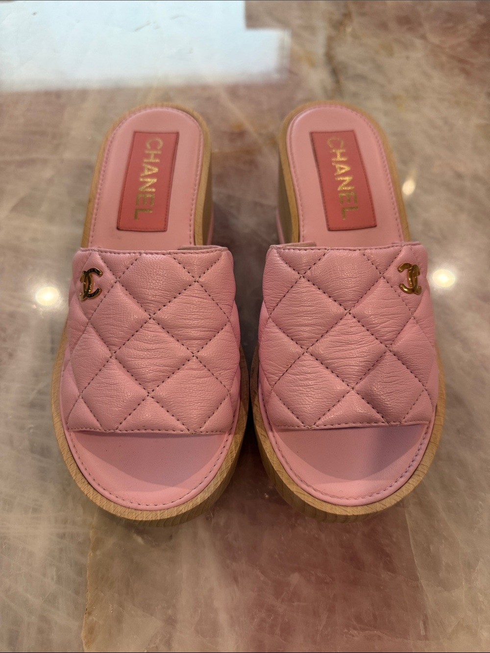 CHANEL Pink Quilted Slide Mules with Gold CC - Picture 1 of 6